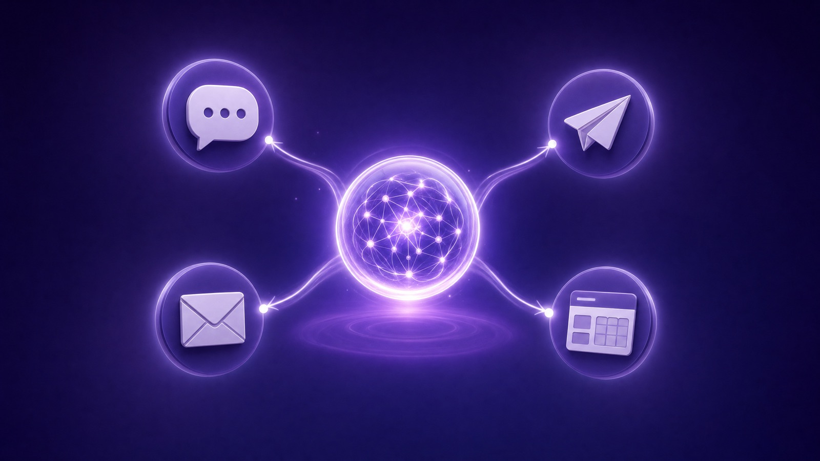 Un agente de IA central conectado a iconos de WhatsApp, Telegram, email y un panel CRM sobre fondo púrpura de marca Appgile