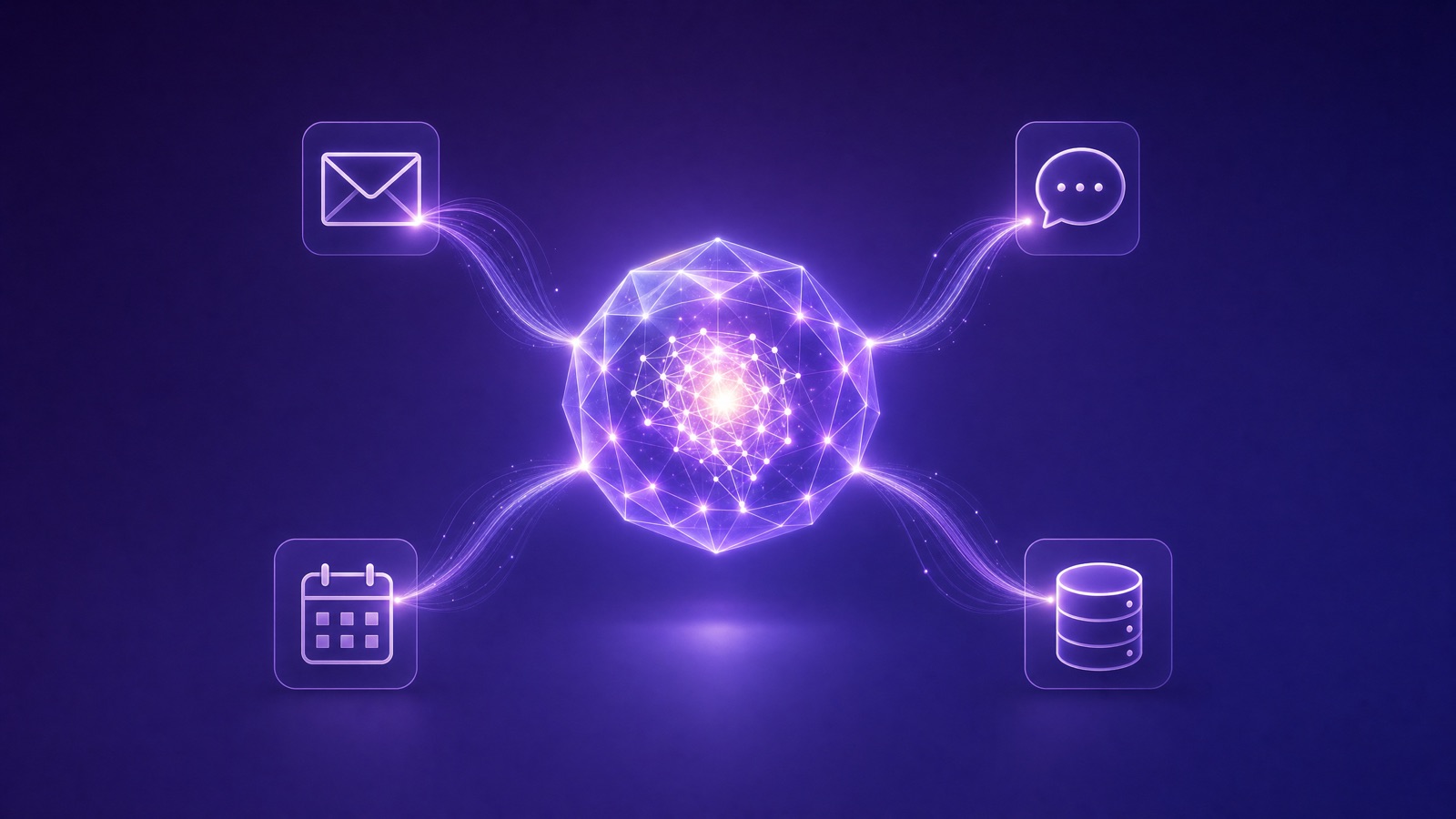 Un agente de IA representado como una esfera luminosa central que emite flujos de luz hacia iconos de sistemas de empresa (email, chat, calendario, base de datos), sobre fondo degradado púrpura de marca Appgile